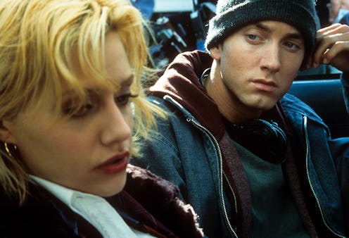 Eminem looking over at Brittany Murphy in a scene from '8 Mile' from 2002.