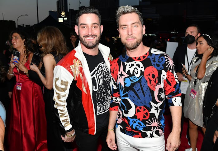 NEW YORK, NEW YORK - SEPTEMBER 12: (L-R) Michael Turchin and Lance Bass attend the 2021 MTV Video Mu...