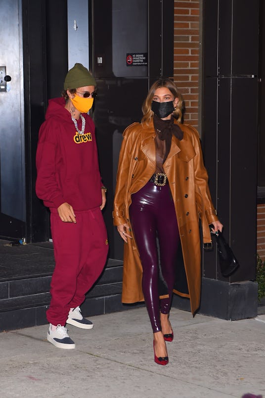 Hailey Bieber wearing a latex outfit out to dinner with Justin Bieber