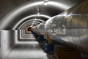 A picture shows a 3km-long arm part of the Virgo detector for gravitational waves that is located wi...
