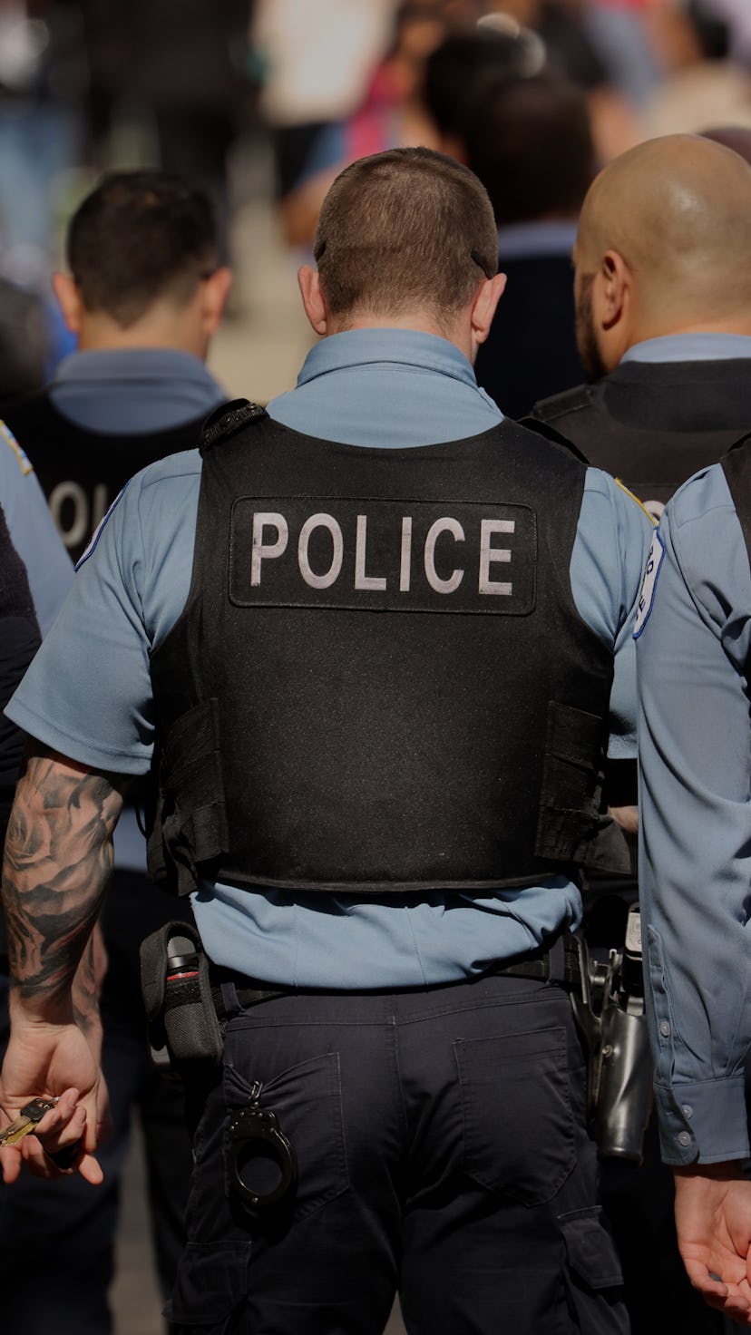 CHICAGO, ILLINOIS - OCTOBER 19: Chicago police officers patrol downtown as the city celebrates the C...