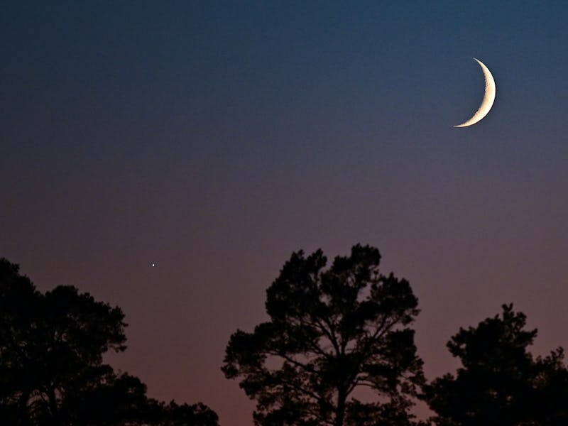 09 October 2021, Brandenburg, Grünheide: The crescent of the waxing moon can be seen together with V...