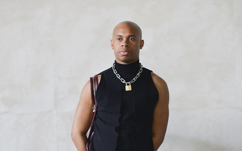 PARIS, FRANCE - JUNE 28: Hood by Air designer Shayne Oliver poses after the Hood by Air show at the ...