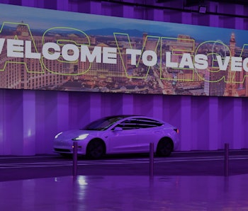 LAS VEGAS, NEVADA - APRIL 09:  A Tesla car drives through the Central Station during a media preview...