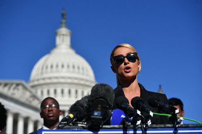 Paris Hilton speaks as she joins congressional lawmakers during a press conference on upcoming legis...
