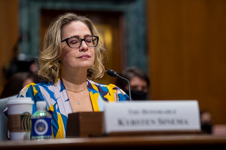 WASHINGTON, DC - OCTOBER 19: U.S. Sen. Kyrsten Sinema (D-AZ) speaks during a United States Senate Co...