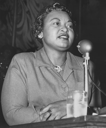 Mamie Bradley, mother of lynched teenager Emmett Till, delivers a speech, Baltimore, Maryland, 1955....