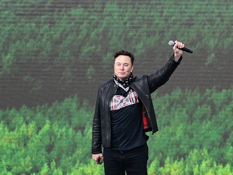 09 October 2021, Brandenburg, Grünheide: Elon Musk, Tesla CEO, stands on a stage at the Tesla Gigafa...