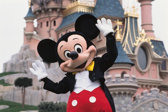 Mickey Mouse in front of the Sleeping Beauty Castle at Disneyland Resort Paris. (Photo by PASCAL DEL...