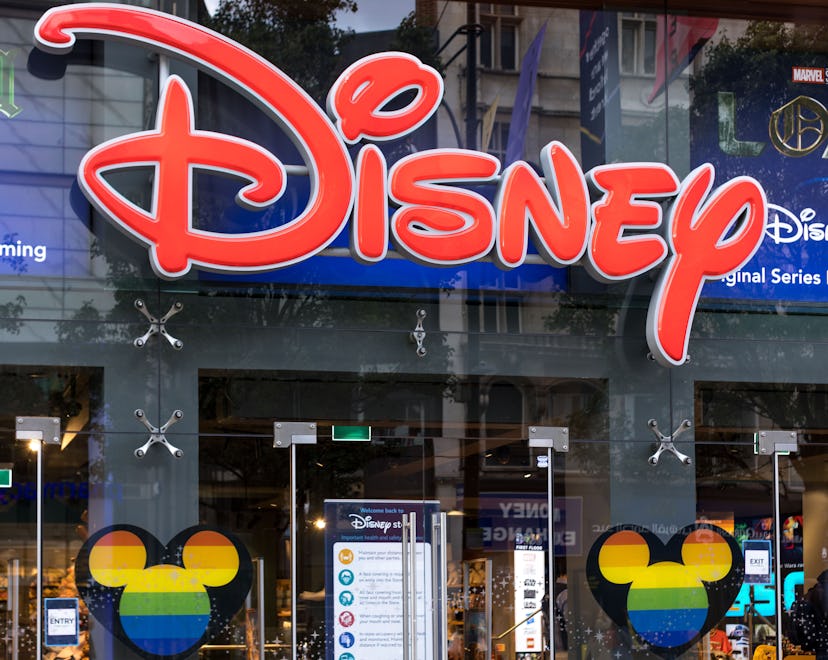 Disney store windows seen decorated with rainbow colors at the Oxford Circus in London.June is tradi...