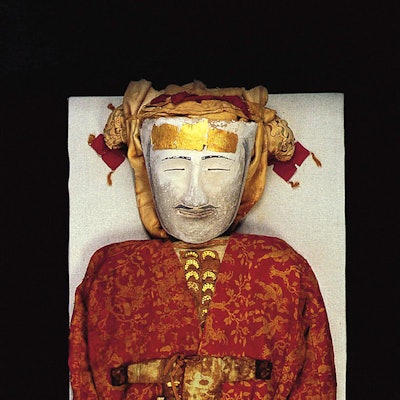 Masked Caucasoid mummy from Tarim Basin, China. 4th-5th century. Xinjiang, Uygur Autonomous Region, ...