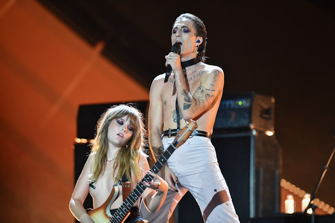 PARIS, FRANCE - SEPTEMBER 25: Damiano David and Victoria De Angelis of the Maneskin, perform at th...