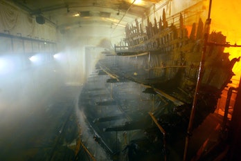 The Tudor warship Mary Rose sits in an atmospherically controlled dry dock in Portsmouth's historic ...