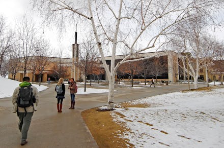 PROVO, UT- MARCH 1: Students walk to the Joseph Smith Building, where religious classes are taught o...