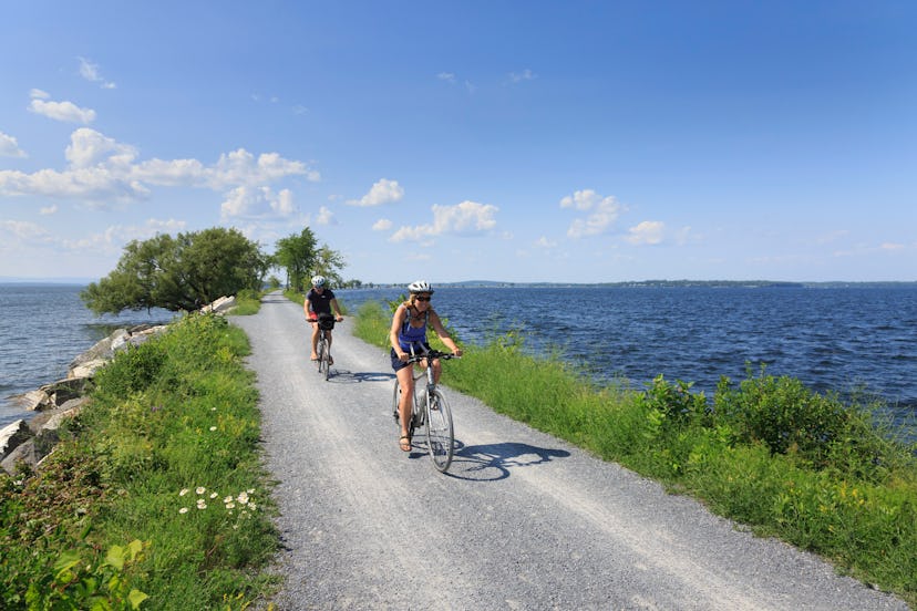 Bike Path, Colchester Causeway Park on Lake Champlain, Burlington, Vermont, USA. (Photo by: Jumping ...