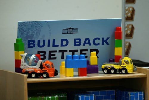 A "build back better" sign sits in a pre-k classroom as US president Joe Biden visits East End eleme...