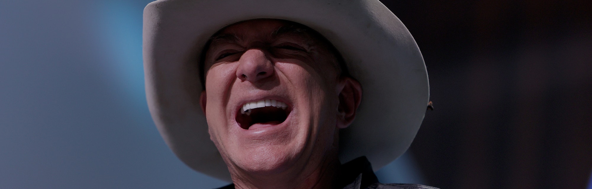 VAN HORN, TEXAS - JULY 20: Jeff Bezos laughs as he speaks about his flight on Blue Origin’s New Shep...