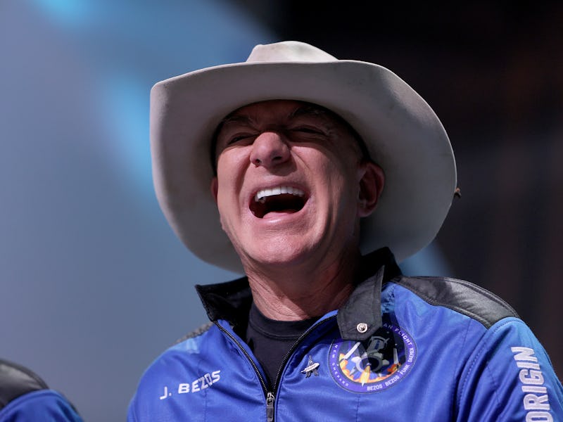 VAN HORN, TEXAS - JULY 20: Jeff Bezos laughs as he speaks about his flight on Blue Origin’s New Shep...