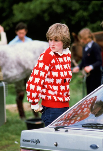Princess Diana wears Warm & Wonderful red sheep sweater, 1981.