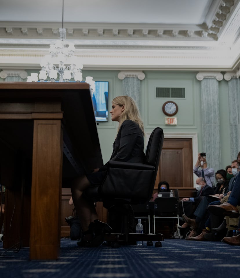 WASHINGTON, DC - OCTOBER 05: Former Facebook employee Frances Haugen testifies during a Senate Commi...