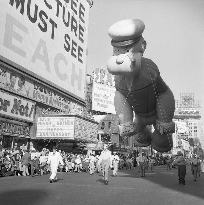 Popeye, one of the huge balloons in the annual Macy's Thanksgiving Day Parade, makes its way through...