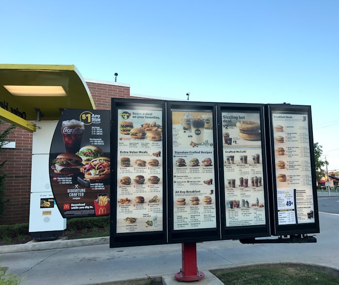 Pittsburgh, USA - September 24, 2017   McDonald's drive thru menu board in Allison Park just north o...