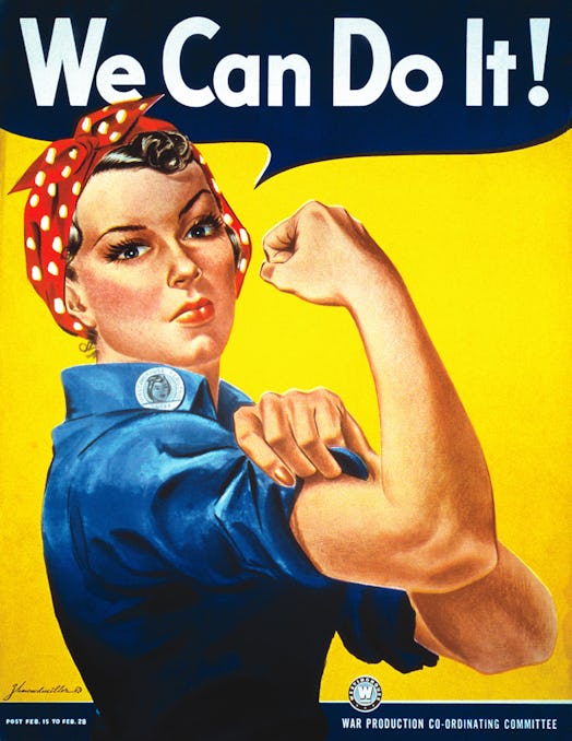 A poster depicting 'Rosie the Riveter' makes an easy halloween costume with a denim jacket.