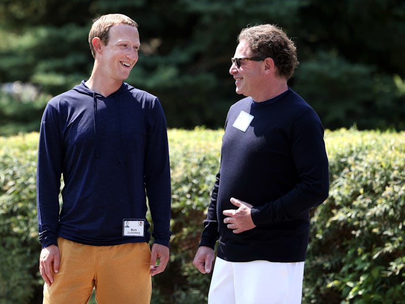 SUN VALLEY, IDAHO - JULY 08: CEO of Facebook Mark Zuckerberg (L) talks to CEO of Activision Blizzard...