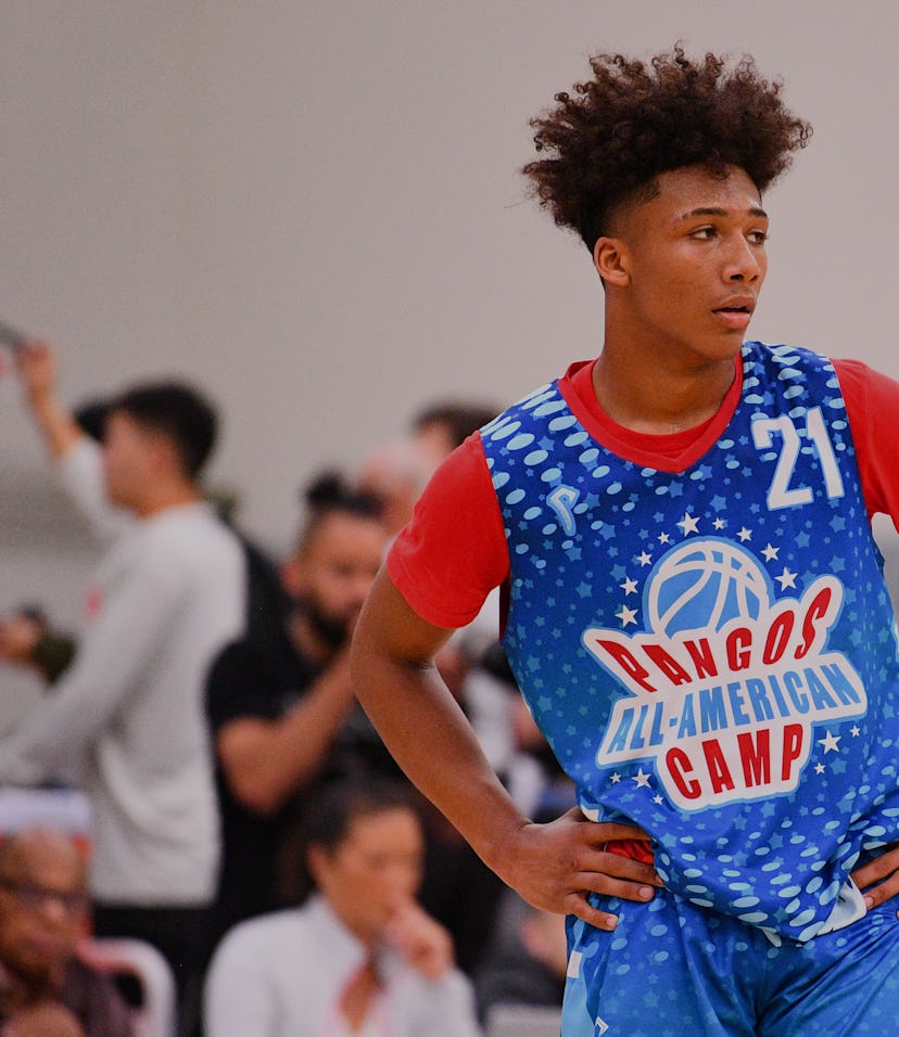 NORWALK, CA - JUNE 02: Mikey Williams looks on during the Pangos All-American Camp on June 2, 2019 a...