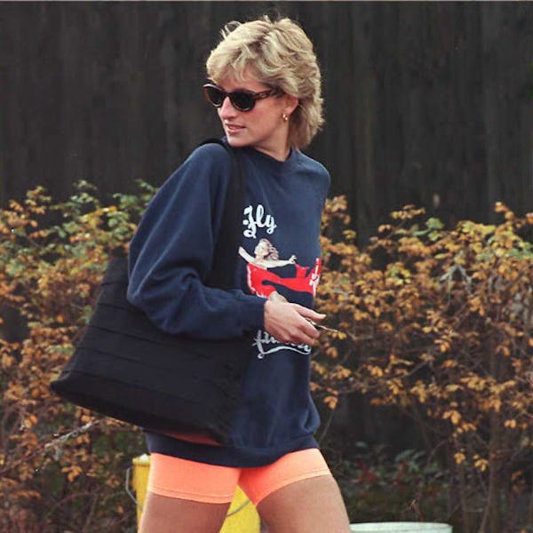 Princess Diana's bike shorts and sweatshirt '90s look.