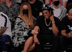 NEW YORK, NEW YORK - JUNE 05:  Beyonce and Jay-Z attend Brooklyn Nets v Milwaukee Bucks game at Barc...