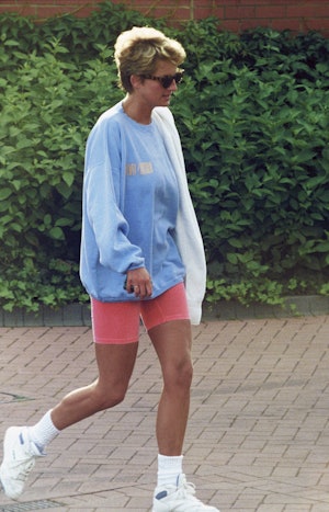 Princess Diana's bike shorts and sweatshirt '90s look.
