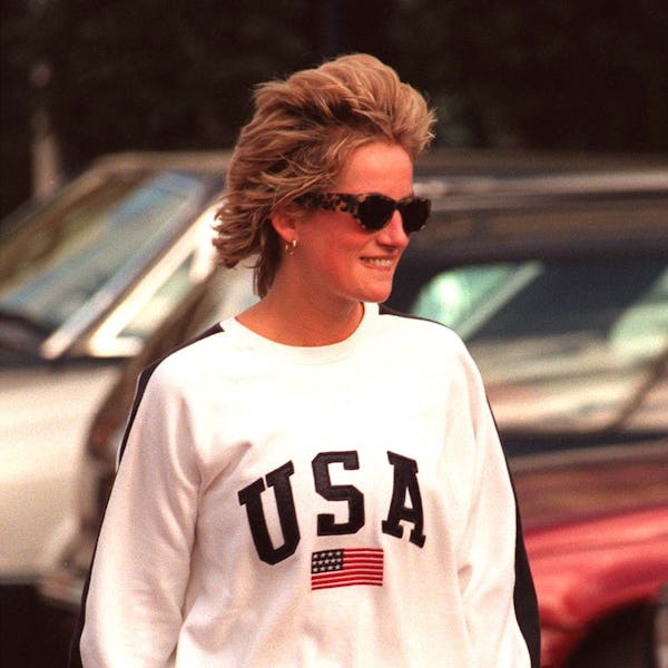 Princess Diana's bike shorts and sweatshirt '90s look.