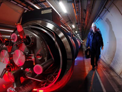 Inside the 27-kilometer LHC tunnel, in the foreground, view of the interior of the dipole magnet (cr...