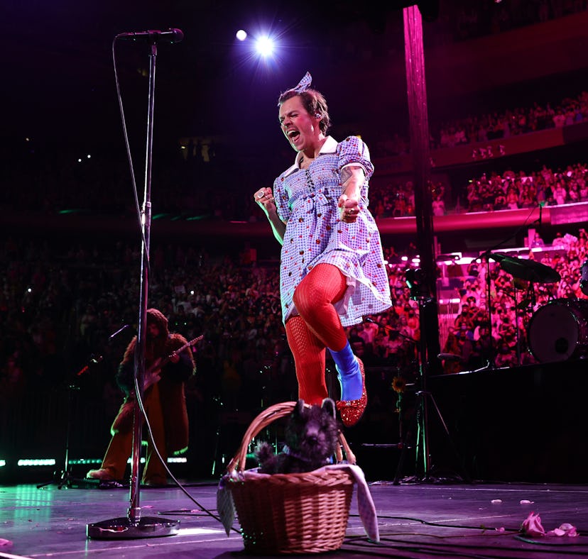 Harry Styles performed in a Dorothy from 'Wizard of Oz' costume for Halloween.