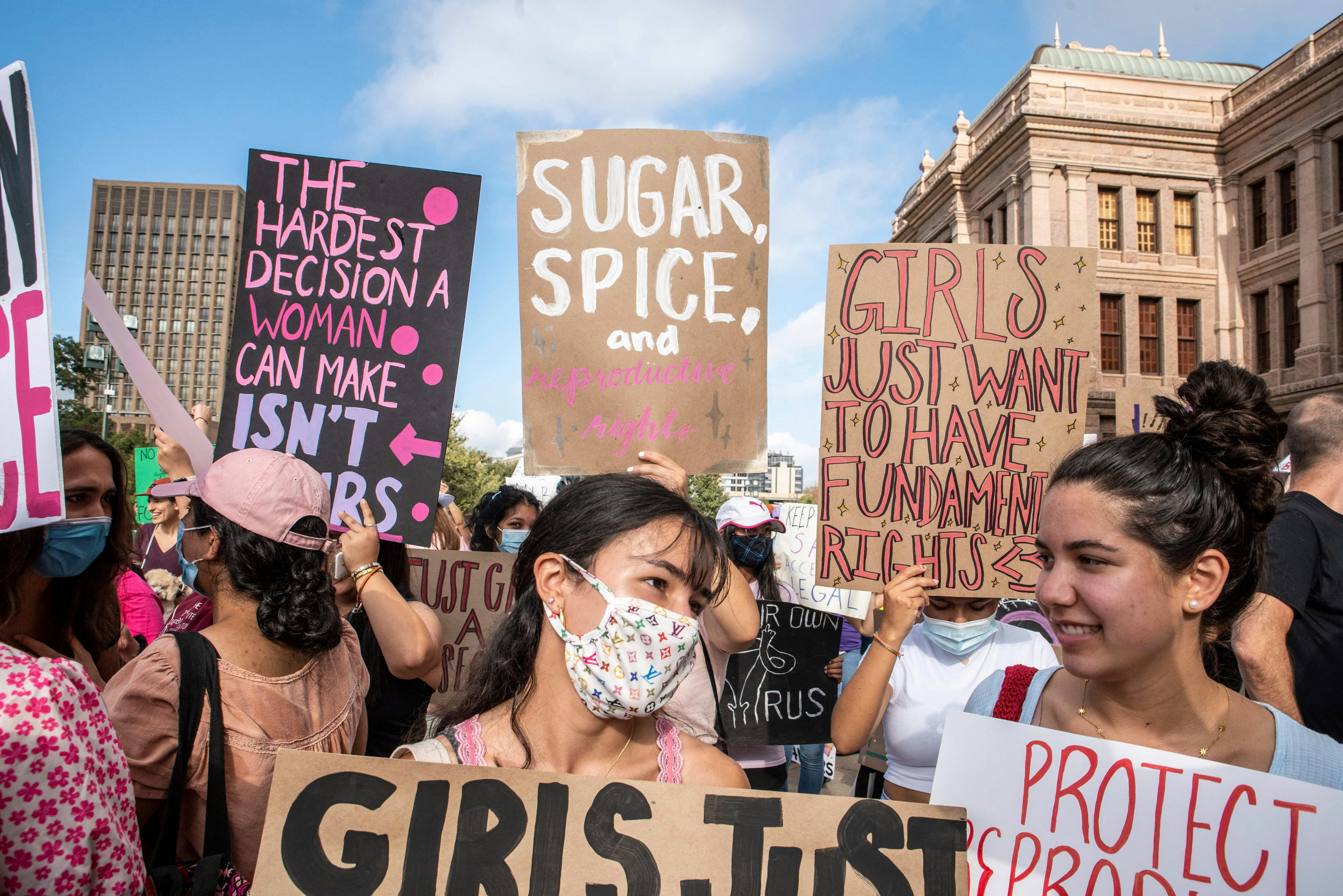 Protesters take part in the Women&rsquo;s March and Rally for Abortion Justice in Austin, Texas, on Octobe&hellip;