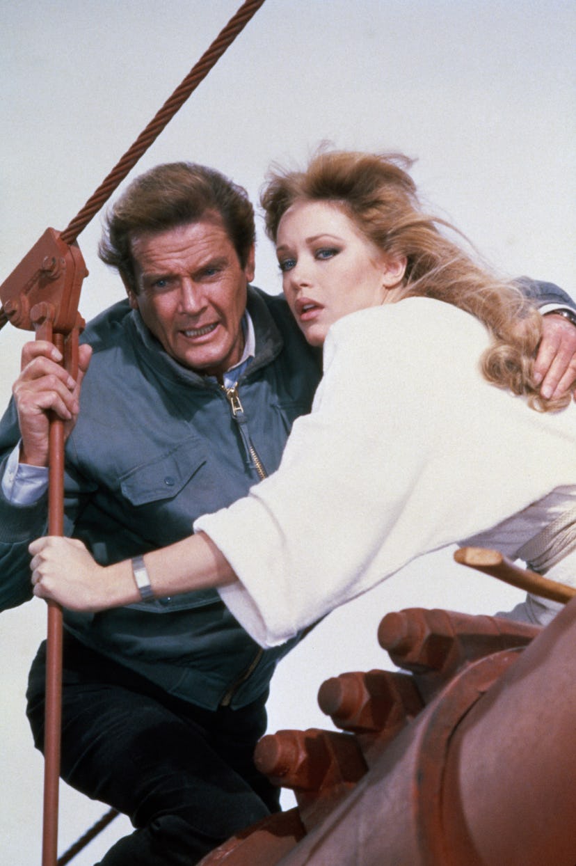 British actor Roger Moore and American actress Tanya Roberts on the set of the James Bond 007 film A…