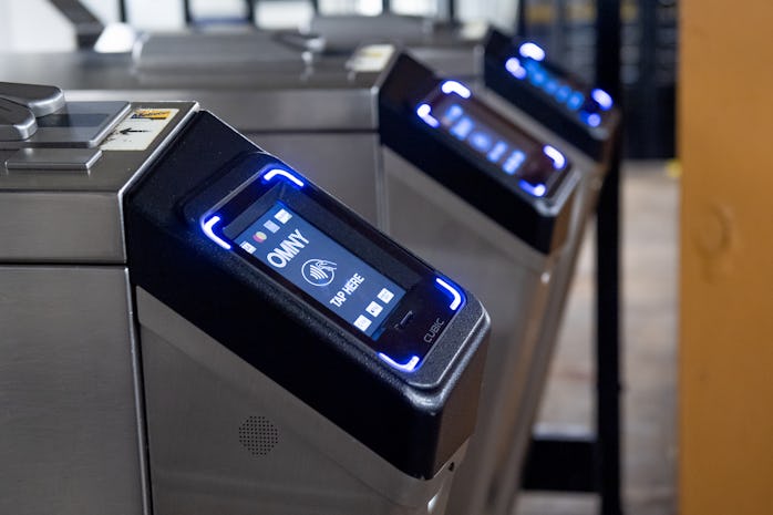 NEW YORK, NEW YORK - MARCH 26: A view of the new OMNY contactless fare payment system on Fort Hamilt...