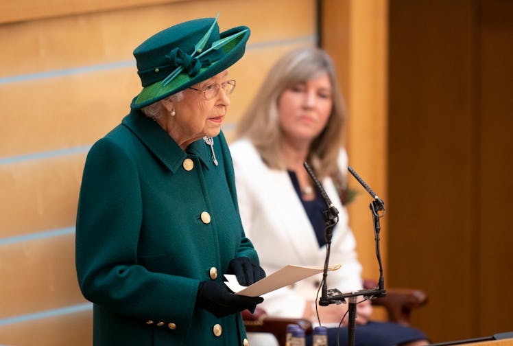 EDINBURGH, SCOTLAND - OCTOBER 02: Britain's Queen Elizabeth II delivers a speech in the debating cha...