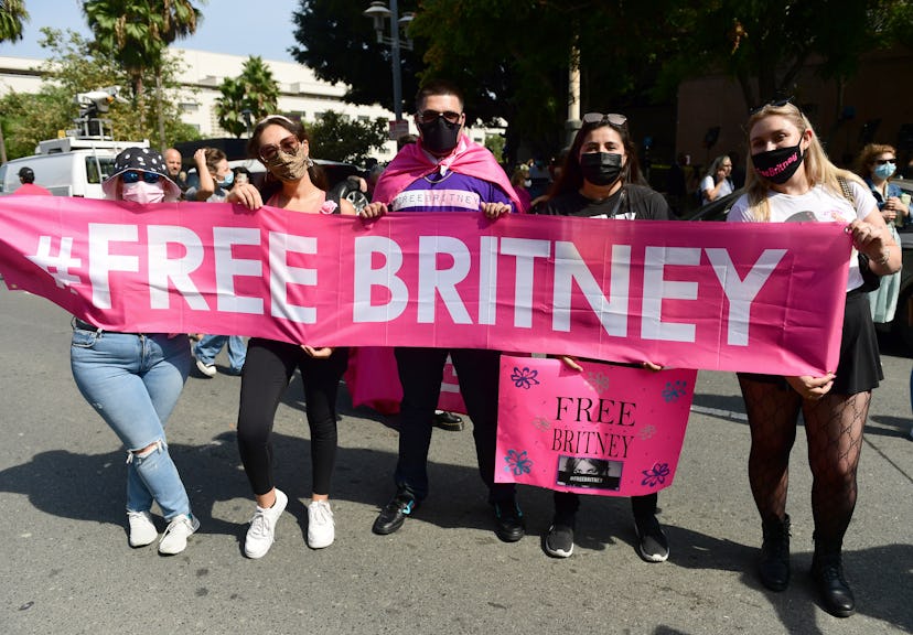 LOS ANGELES, CALIFORNIA - SEPTEMBER 29: #FreeBritney activists protest during a rally held in conjun...