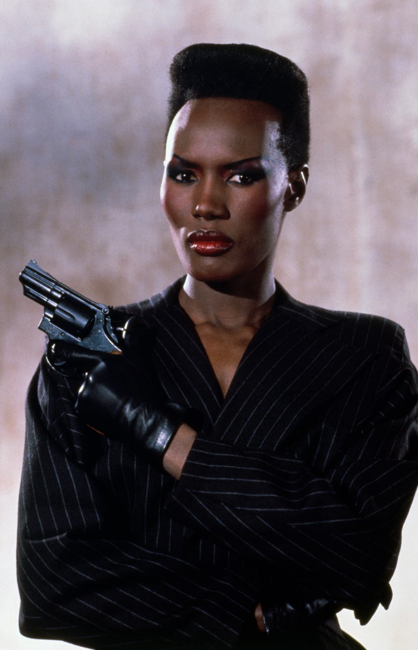 Jamaican actress Grace Jones on the set of the James Bond 007 film A View to a Kill, directed by Joh…