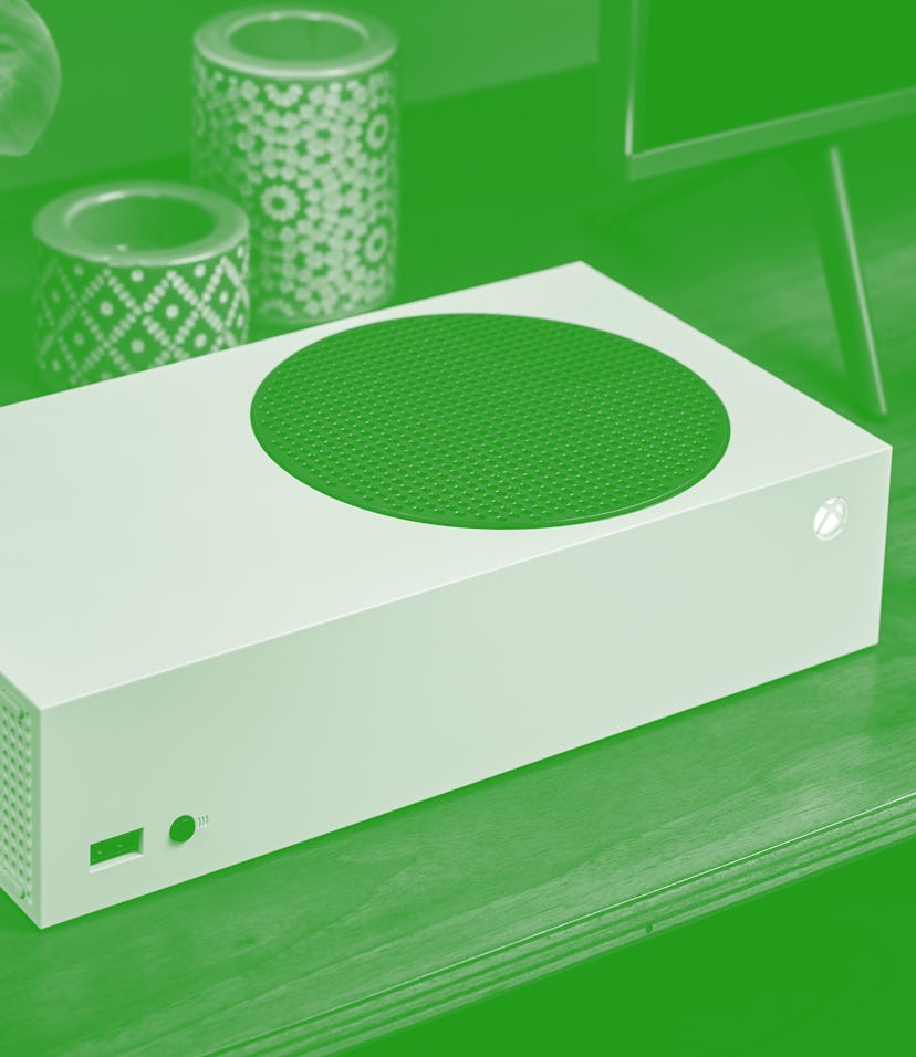 Living room with a Microsoft Xbox Series S home video game console alongside a television and soundb...