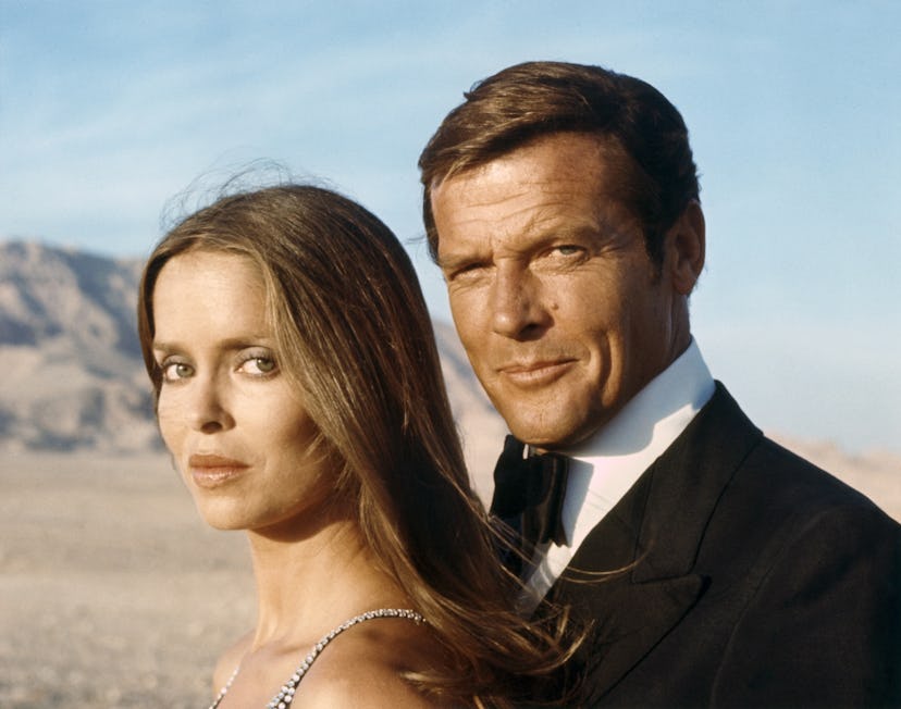 Actor Roger Moore and actress Barbara Bach on the set of "The Spy Who Love Me". (Photo by Sunset Bou...