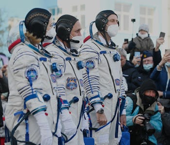 KYZYLORDA REGION, KAZAKHSTAN OCTOBER 5, 2021: Actress Yulia Peresild, Roscosmos cosmonaut Anton Shk...