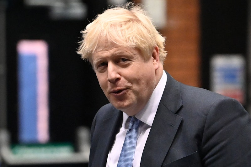 Britain's Prime Minister Boris Johnson leaves a studio after a broadcast media interview on the thir...