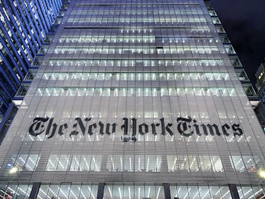 New York City; NY; USA - February 12 2020: Looking up to New York Times building in Manhattan.