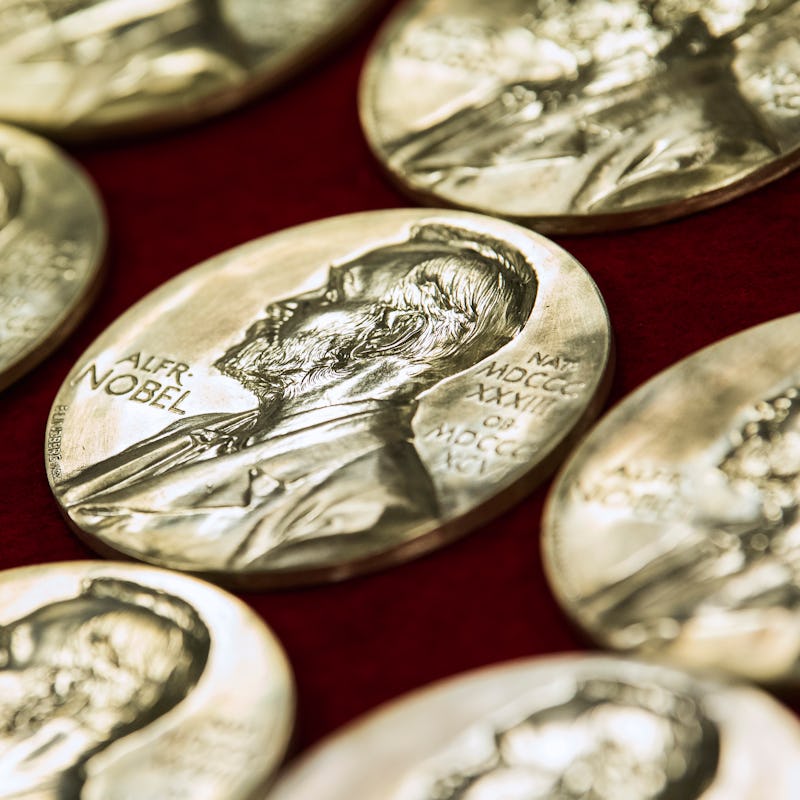 Nobel Prize medals are pictured at the end of the production on October 29, 2019 in Eskilstuna, Swed...