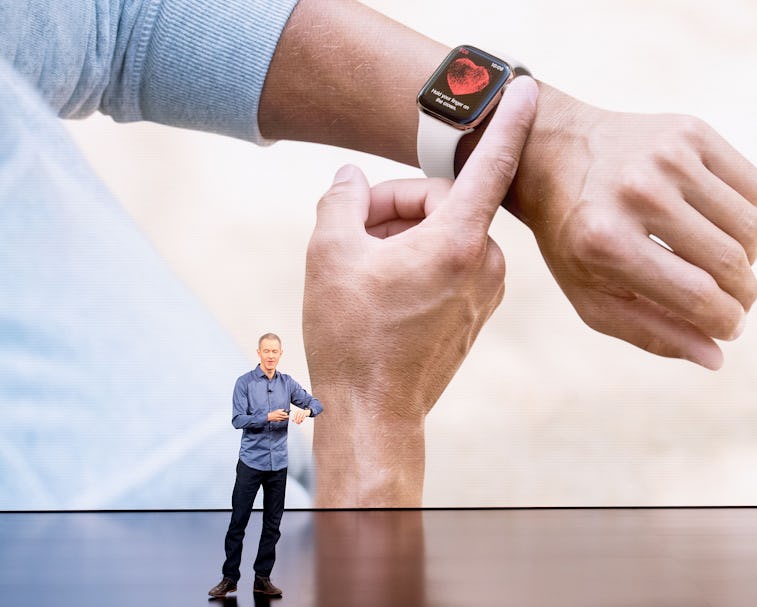 Apple COO Jeff Williams discusses Apple Watch Series 4 during an event on September 12, 2018, in Cup...