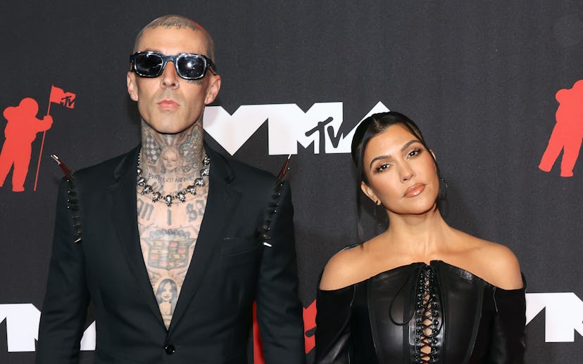 NEW YORK, NEW YORK - SEPTEMBER 12: Travis Barker and Kourtney Kardashian attend the 2021 MTV Video M...