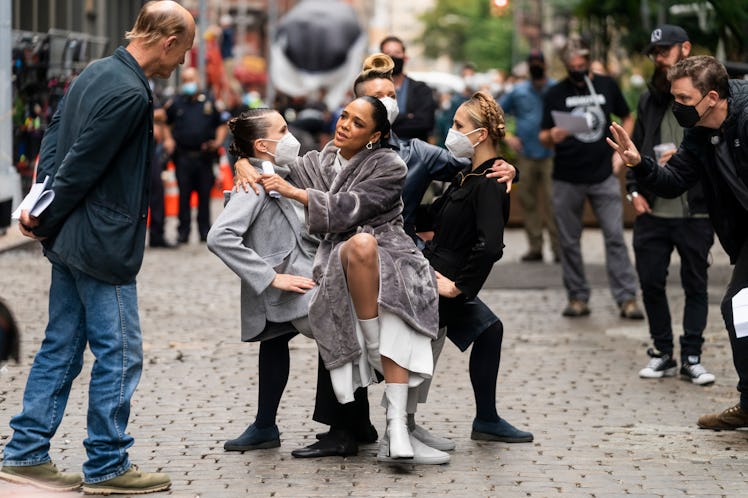 Tessa Thompson and Ed Harris are seen filming "Westworld" in SoHo 